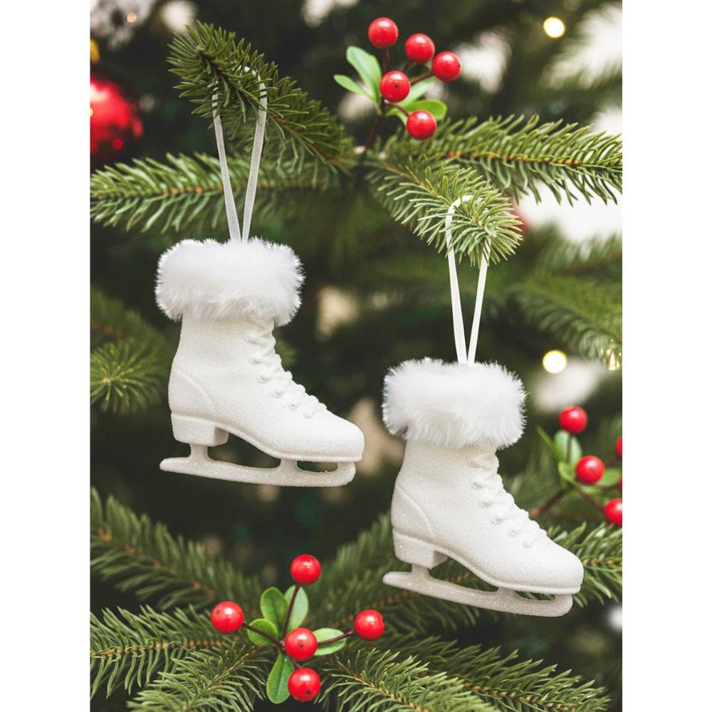Yılbaşı Ağaç Süsleri Simli Kürk Detaylı Paten Beyaz