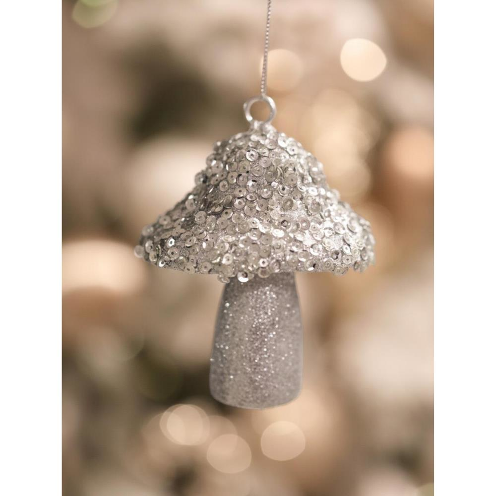 Yılbaşı Ağaç Süsü Mantar Figürlü Asılabilir Pul Payet İşlemeli Dekoratif Süs Gümüş 10 cm