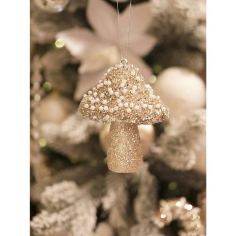 Yılbaşı Ağaç Süsü Mantar Figürlü Asılabilir İnci Detaylı Simli Dekoratif Süs Şampanya 10 cm