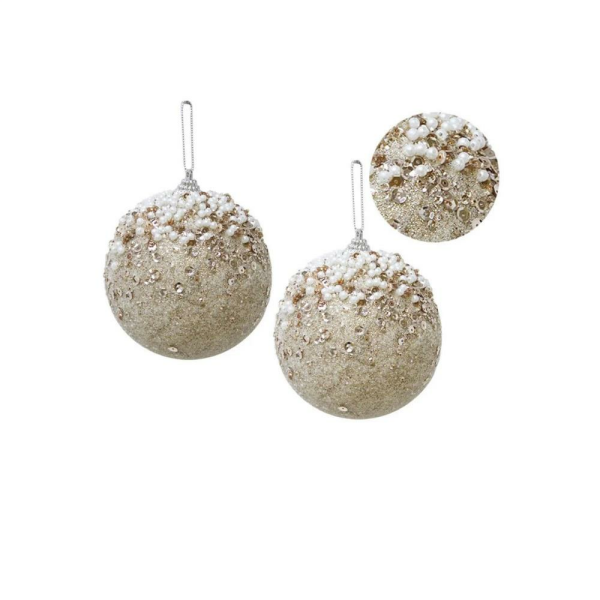 Yılbaşı Topu Simli İnci ve Payet Detaylı Çam Ağacı Süsü Şampanya 10 cm 2'li