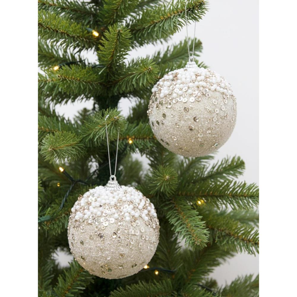 Yılbaşı Topu Simli İnci ve Payet Detaylı Çam Ağacı Süsü Şampanya 10 cm 2'li