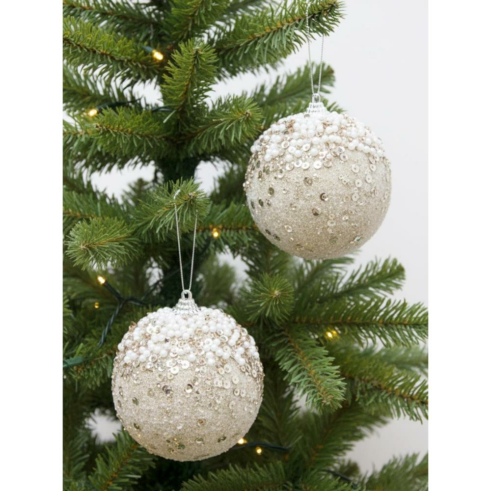 Yılbaşı Topu Simli İnci ve Payet Detaylı Çam Ağacı Süsü Şampanya 10 cm 2'li