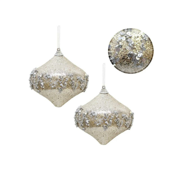 Yılbaşı Topu Simli Boncuk ve Pul - Payet Detaylı Çam Ağacı Süsü Şampanya 10 cm 2'li