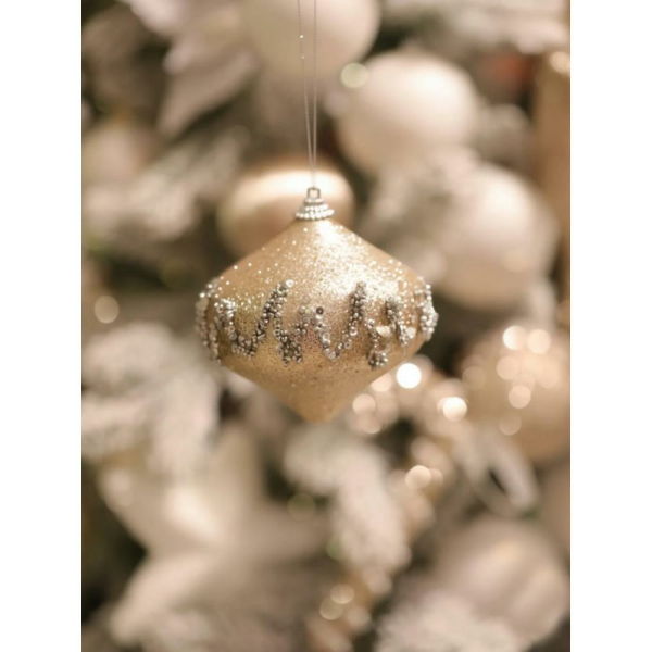 Yılbaşı Topu Simli Boncuk ve Pul - Payet Detaylı Çam Ağacı Süsü Şampanya 10 cm 2'li