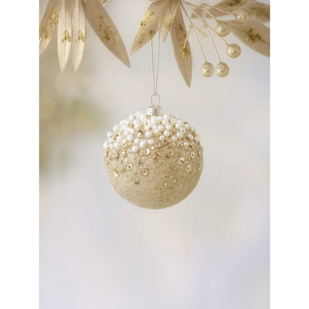 Yılbaşı Topu Simli İnci ve Payet Detaylı Çam Ağacı Süsü Şampanya 8 cm 3'lü
