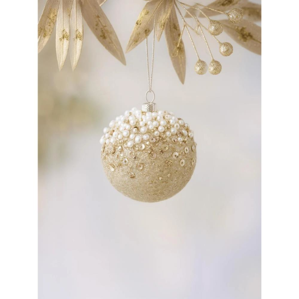 Yılbaşı Topu Simli İnci ve Payet Detaylı Çam Ağacı Süsü Şampanya 8 cm 3'lü