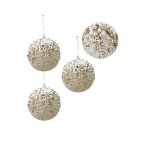 Yılbaşı Topu Simli İnci ve Payet Detaylı Çam Ağacı Süsü Şampanya 8 cm 3'lü