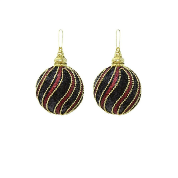 Yılbaşı Topu Altın Şeritli Payetli Siyah-Bordo Çam Ağacı Süsü 10 cm 2'li