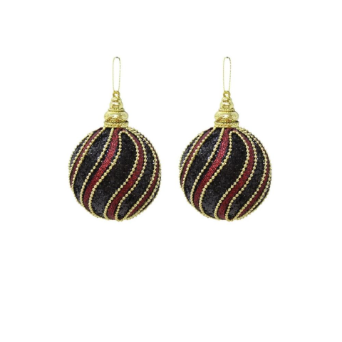 Yılbaşı Topu Altın Şeritli Payetli Siyah-Bordo Çam Ağacı Süsü 10 cm 2'li