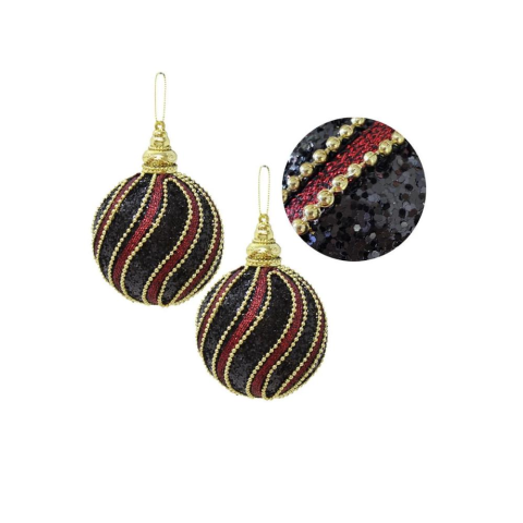 Yılbaşı Topu Altın Şeritli Payetli Siyah-Bordo Çam Ağacı Süsü 10 cm 2'li