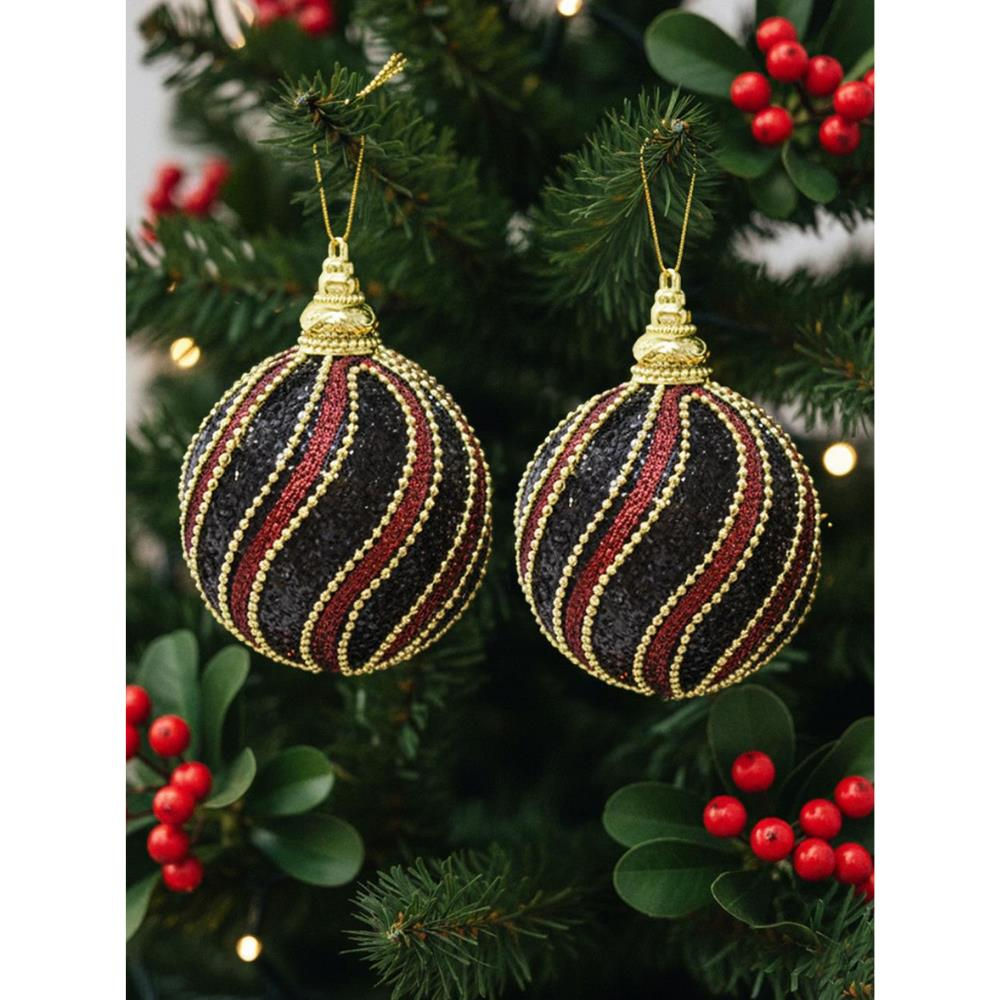 Yılbaşı Topu Altın Şeritli Payetli Siyah-Bordo Çam Ağacı Süsü 10 cm 2'li