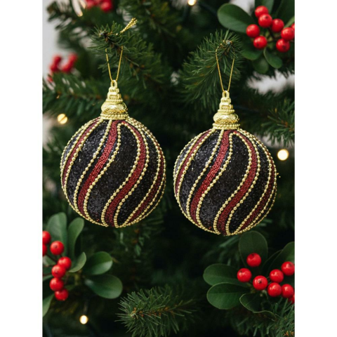 Yılbaşı Topu Altın Şeritli Payetli Siyah-Bordo Çam Ağacı Süsü 10 cm 2'li
