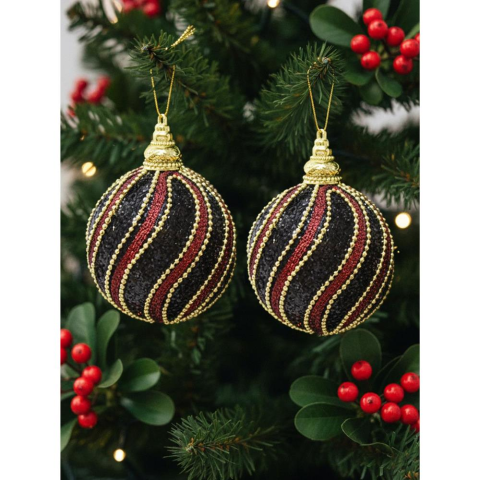 Yılbaşı Topu Altın Şeritli Payetli Siyah-Bordo Çam Ağacı Süsü 10 cm 2'li