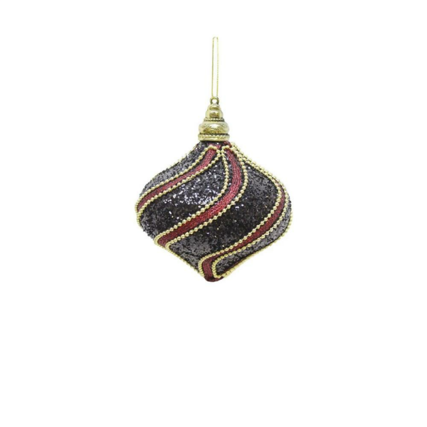 Yılbaşı Topu Altın Şeritli Payetli Siyah-Bordo Damla Çam Ağacı Süsü 10 cm 2'li