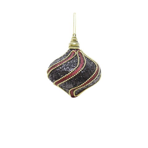 Yılbaşı Topu Altın Şeritli Payetli Siyah-Bordo Damla Çam Ağacı Süsü 10 cm 2'li