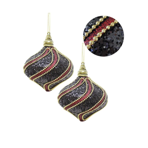 Yılbaşı Topu Altın Şeritli Payetli Siyah-Bordo Damla Çam Ağacı Süsü 10 cm 2'li