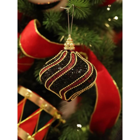 Yılbaşı Topu Altın Şeritli Payetli Siyah-Bordo Damla Çam Ağacı Süsü 10 cm 2'li