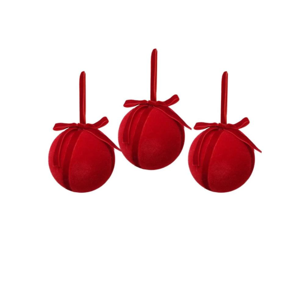 Kadife Fiyonk Detaylı Yılbaşı Ağacı Süsü – Lüks Dekoratif Top Seti Kırmızı 8 Cm 3'lü