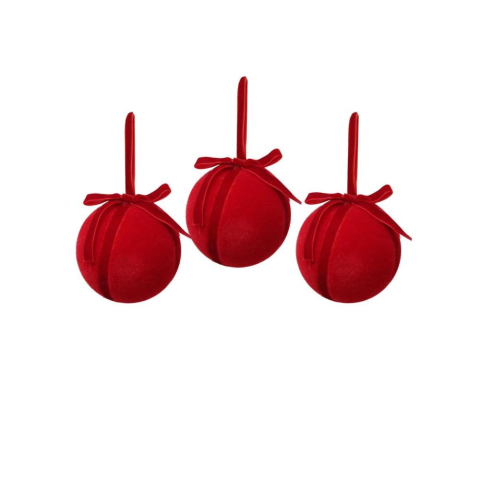 Kadife Fiyonk Detaylı Yılbaşı Ağacı Süsü – Lüks Dekoratif Top Seti Kırmızı 8 Cm 3'lü