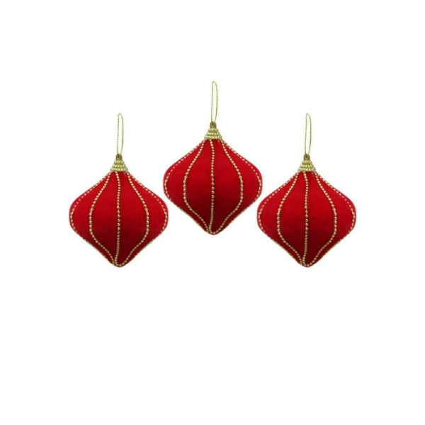 Kadife Yılbaşı Topu – Altın Boncuk Detaylı Damla Çam Ağacı Süsü Kırmızı 8 cm 3'lü