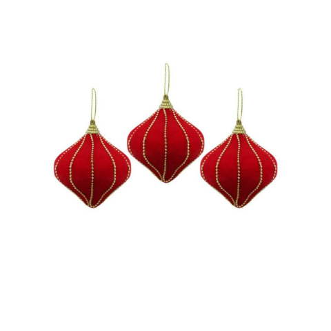 Kadife Yılbaşı Topu – Altın Boncuk Detaylı Damla Çam Ağacı Süsü Kırmızı 8 cm 3'lü