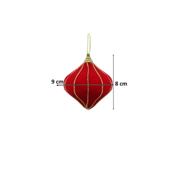 Kadife Yılbaşı Topu – Altın Boncuk Detaylı Damla Çam Ağacı Süsü Kırmızı 8 cm 3'lü