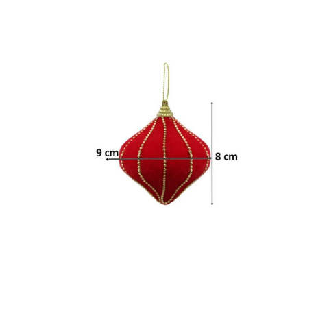Kadife Yılbaşı Topu – Altın Boncuk Detaylı Damla Çam Ağacı Süsü Kırmızı 8 cm 3'lü