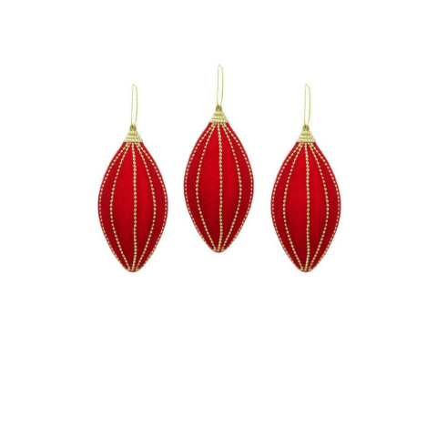 Kadife Yılbaşı Ağaç Süsü – Altın Boncuk Detaylı Damla Dekoratif Süs Kırmızı 8 cm 3'lü