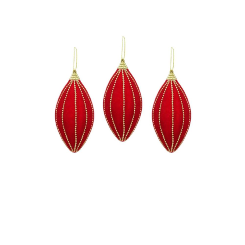 Kadife Yılbaşı Ağaç Süsü – Altın Boncuk Detaylı Damla Dekoratif Süs Kırmızı 8 cm 3'lü