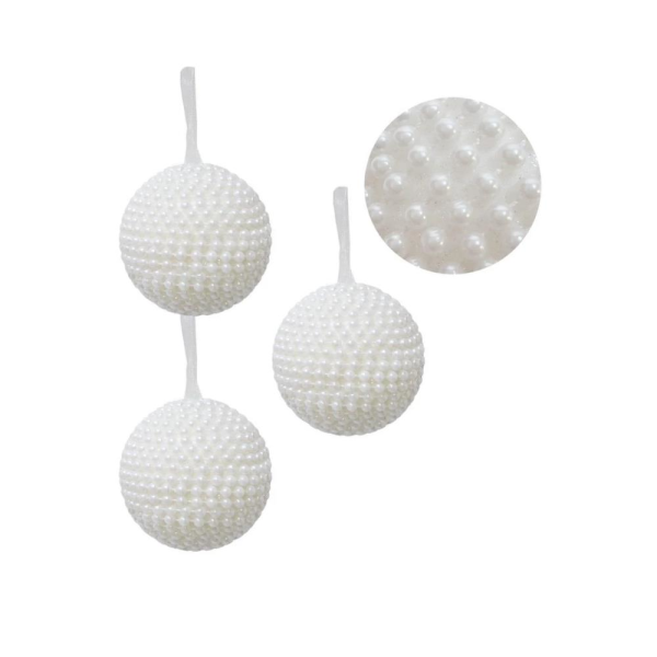 Yılbaşı Topu İnci Kaplama Çam Ağacı Süsü Beyaz 8 cm 3'lü