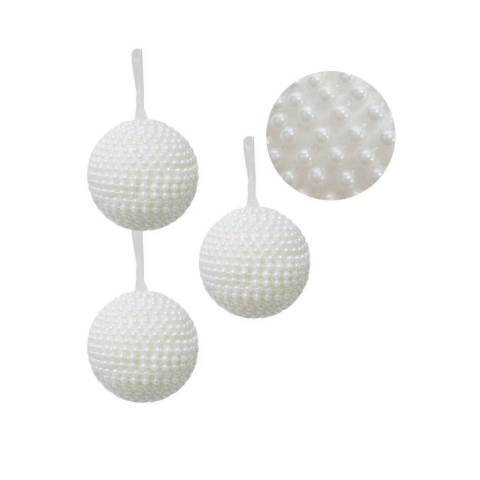 Yılbaşı Topu İnci Kaplama Çam Ağacı Süsü Beyaz 8 cm 3'lü