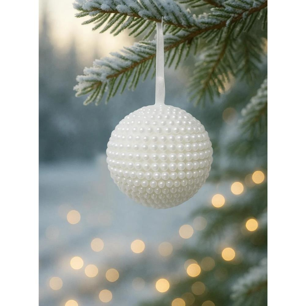 Yılbaşı Topu İnci Kaplama Çam Ağacı Süsü Beyaz 8 cm 3'lü