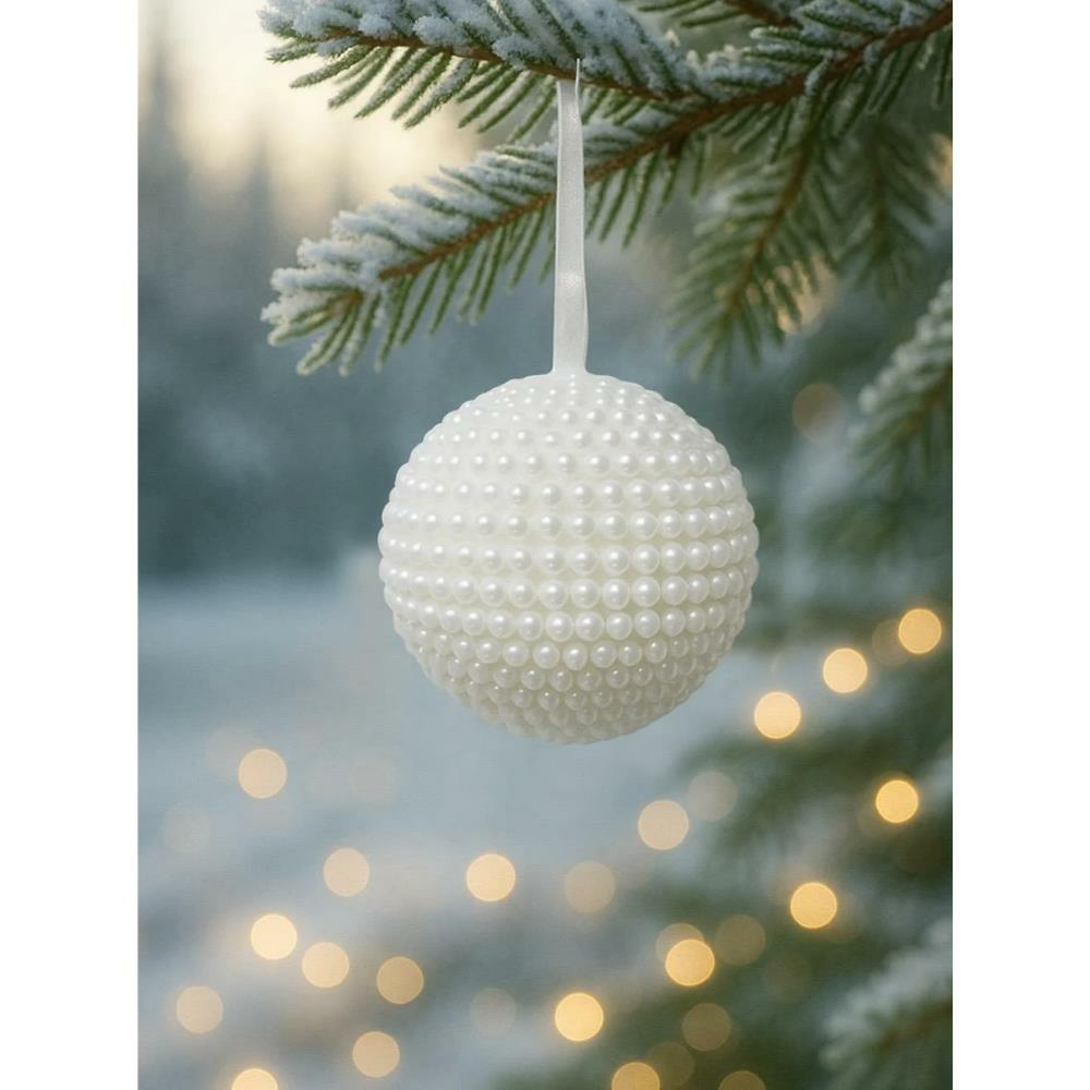 Yılbaşı Topu İnci Kaplama Çam Ağacı Süsü Beyaz 8 cm 3'lü