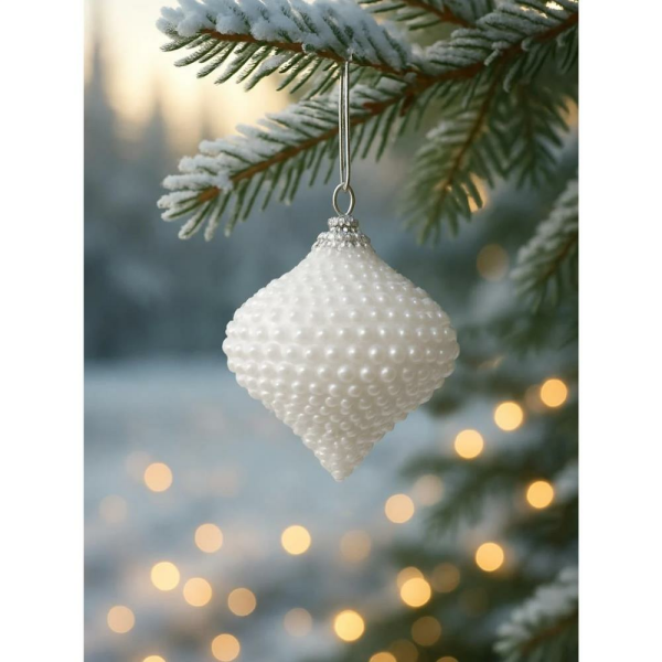 Yılbaşı Topu İnci Kaplama Damla Form Çam Ağacı Süsü Beyaz 10 cm 3'lü