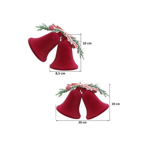 Yılbaşı Ağaç Süsü Kadife İkili Çan Dekoratif Süsleme Aksesuarı Bordo