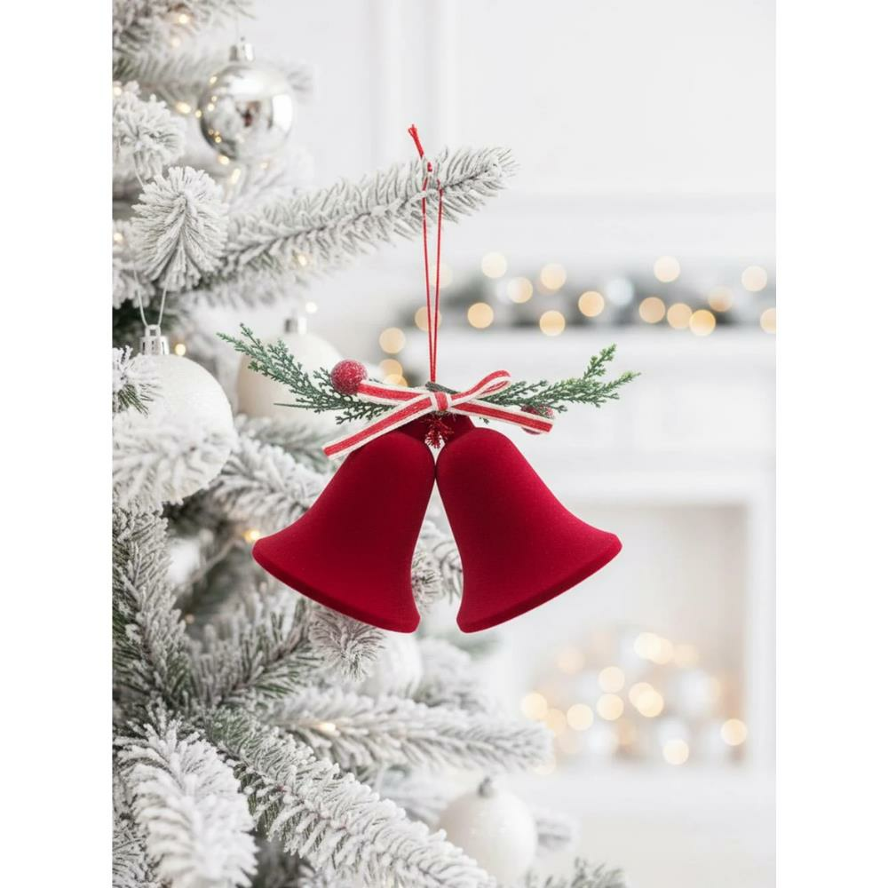 Yılbaşı Ağaç Süsü Kadife İkili Çan Dekoratif Süsleme Aksesuarı Bordo