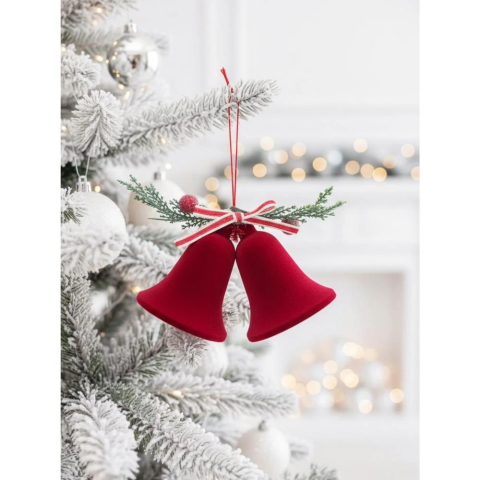 Yılbaşı Ağaç Süsü Kadife İkili Çan Dekoratif Süsleme Aksesuarı Bordo