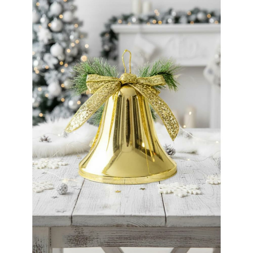 Yılbaşı Dekoru Büyük Boy Kurdeleli Çan Dekoratif Süsleme Aksesuarı Altın