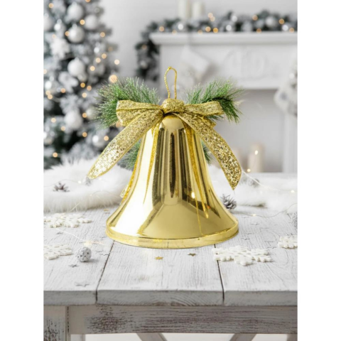 Yılbaşı Dekoru Büyük Boy Kurdeleli Çan Dekoratif Süsleme Aksesuarı Altın