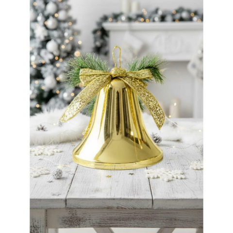 Yılbaşı Dekoru Büyük Boy Kurdeleli Çan Dekoratif Süsleme Aksesuarı Altın