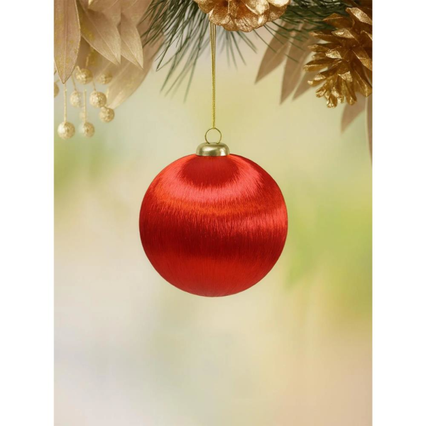 Yılbaşı Topu – İpek İplik Sarılı Çam Ağacı Süsü Kırmızı 10 cm