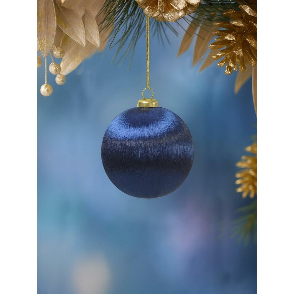 Yılbaşı Topu – İpek İplik Sarılı Çam Ağacı Süsü Lacivert 8 cm