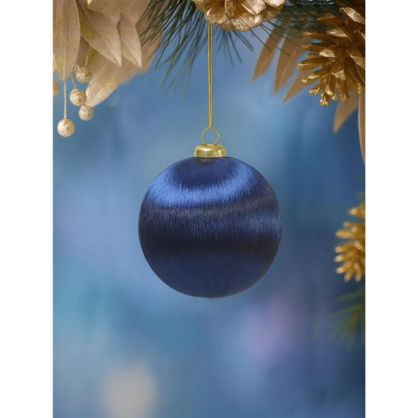 Yılbaşı Topu – İpek İplik Sarılı Çam Ağacı Süsü Lacivert 10 cm
