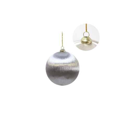 Yılbaşı Topu – İpek İplik Sarılı Çam Ağacı Süsü Gümüş 8 cm