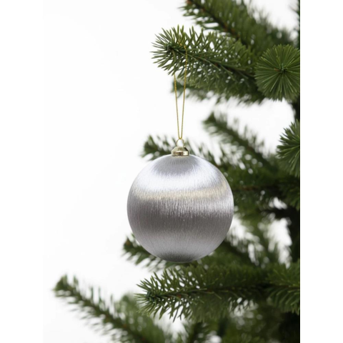 Yılbaşı Topu – İpek İplik Sarılı Çam Ağacı Süsü Gümüş 8 cm