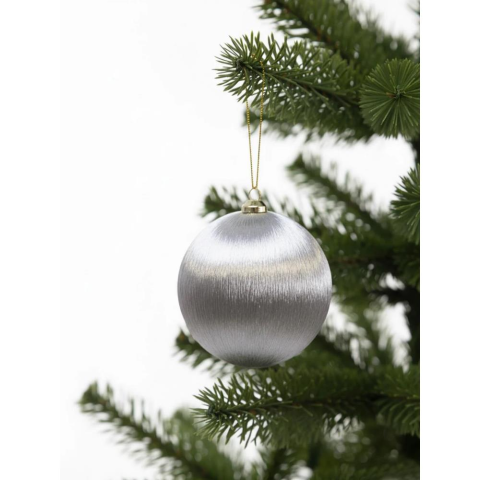 Yılbaşı Topu – İpek İplik Sarılı Çam Ağacı Süsü Gümüş 10 cm