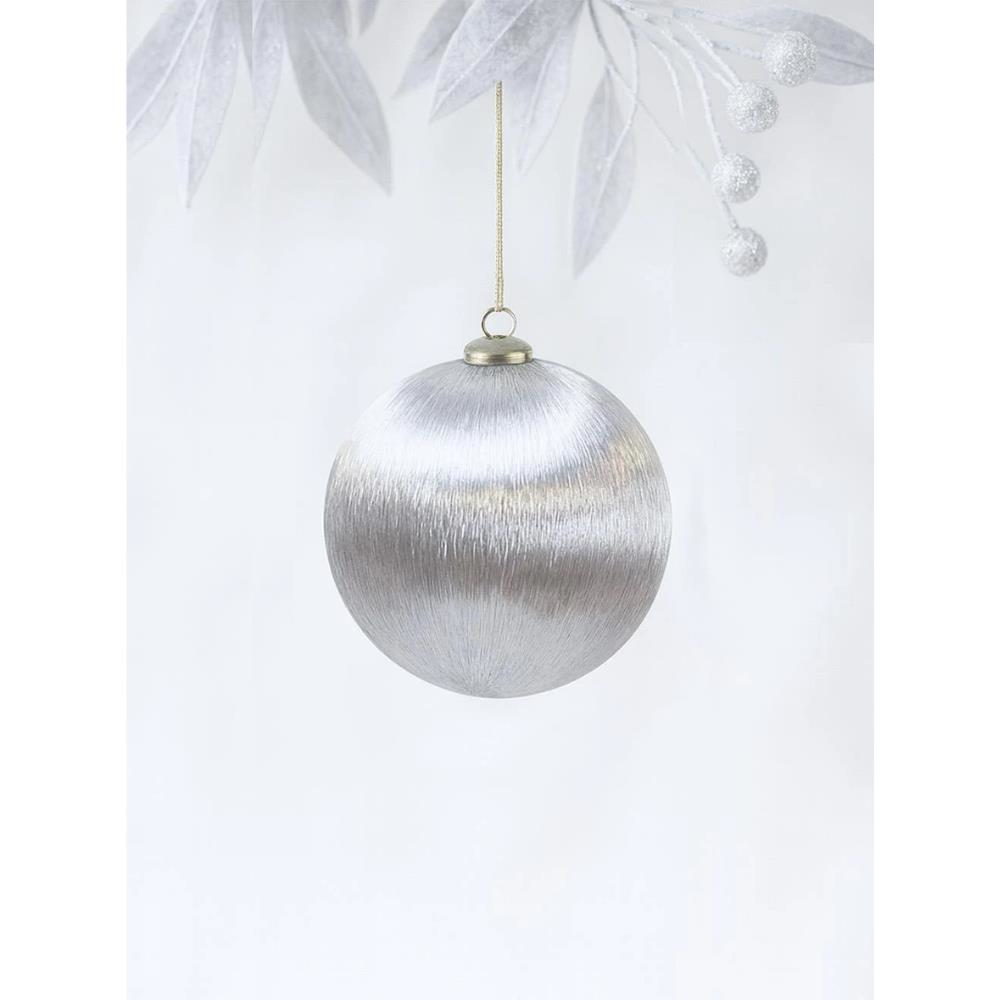 Yılbaşı Topu – İpek İplik Sarılı Çam Ağacı Süsü Gümüş 10 cm