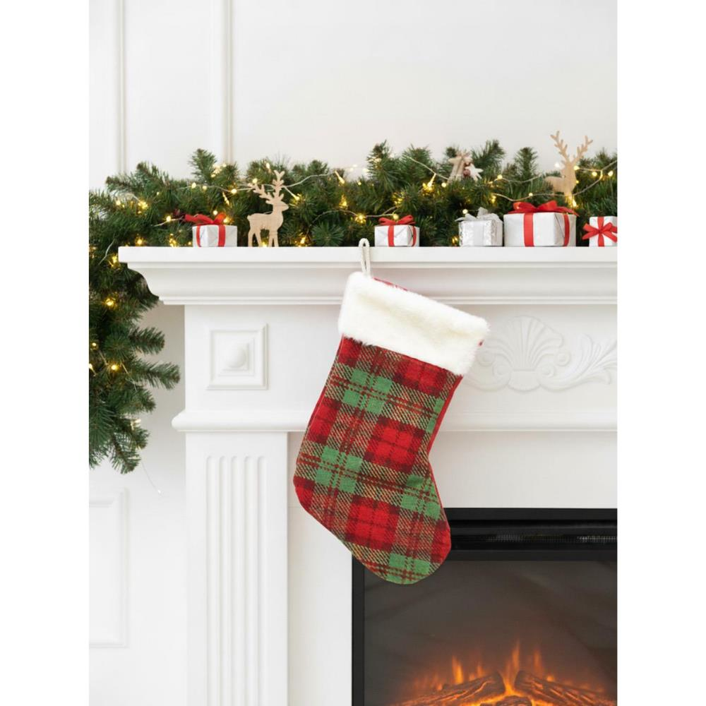 Yılbaşı Çorabı Kırmızı Yeşil Ekose Şömine Dekoru Hediyelik Çorap 34 cm