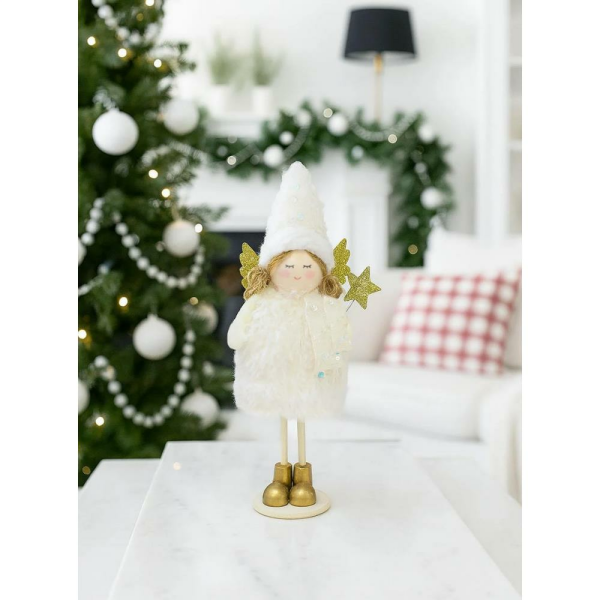 Yılbaşı Dekoru Altın Kanatlı Melek Dekoratif Biblo Süsü Beyaz 20 cm