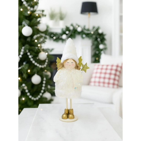 Yılbaşı Dekoru Altın Kanatlı Melek Dekoratif Biblo Süsü Beyaz 20 cm